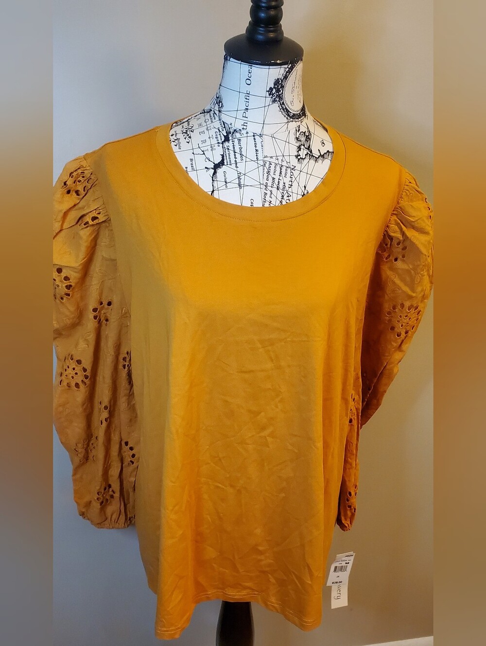 Jack + Avery Women 2X Mustard Eyelet Puff Sleeve Top Blouse Cotton NWT